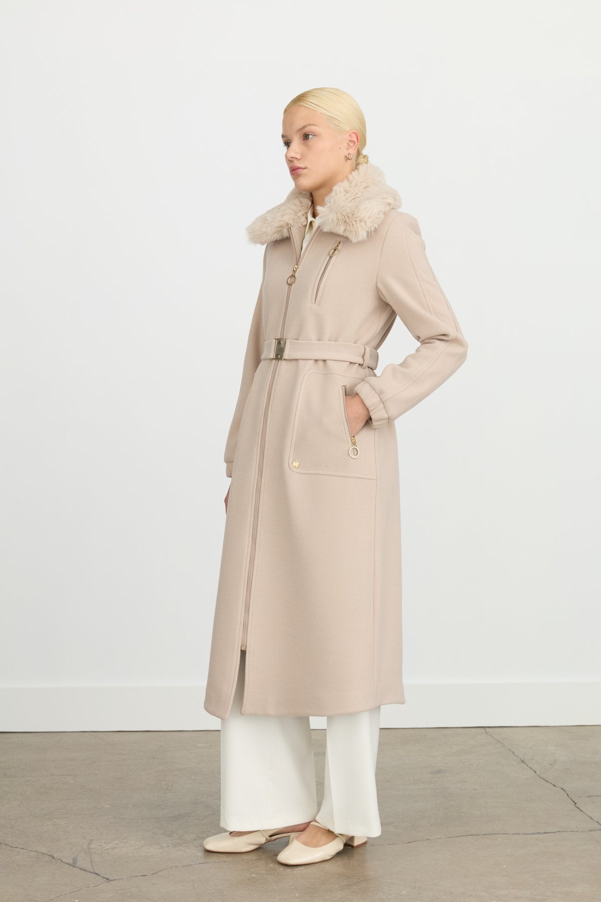 Belted Coat with Detachable Fur Collar - Beige