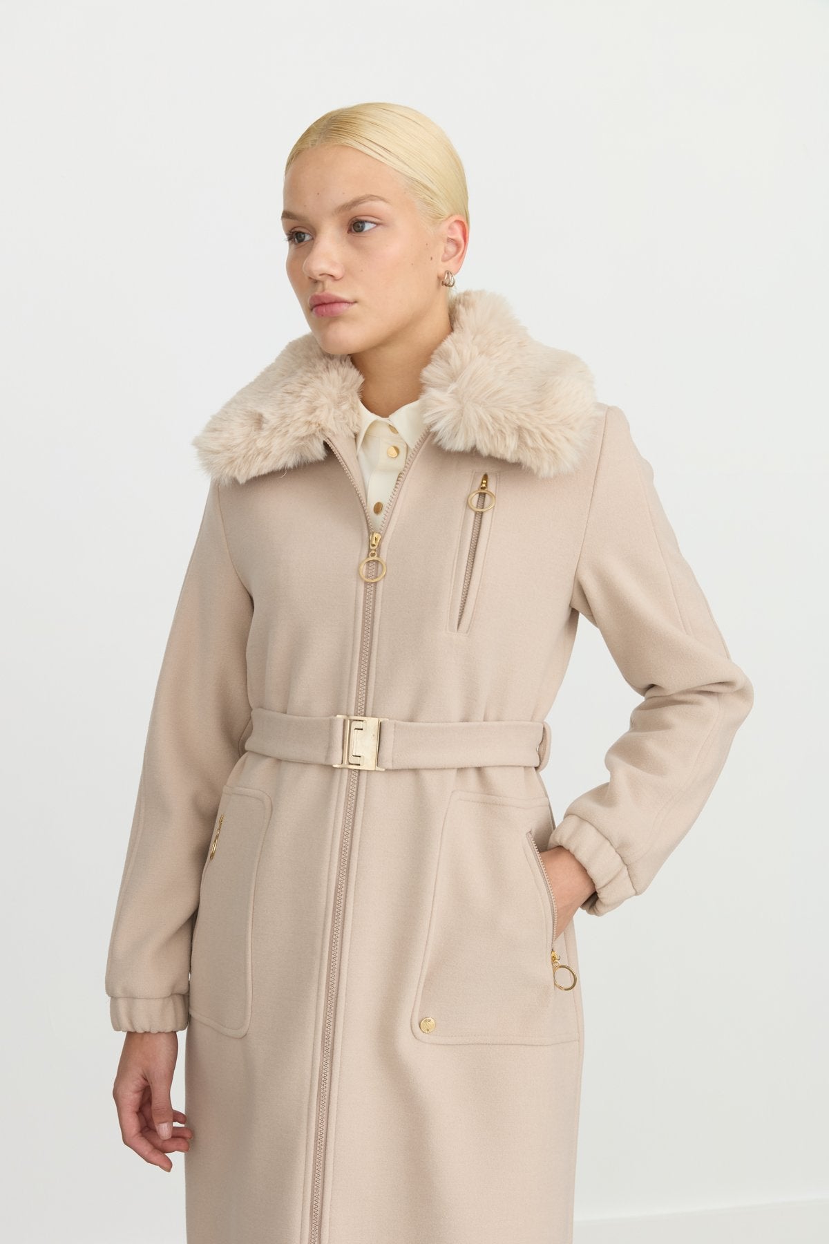 Belted Coat with Detachable Fur Collar - Beige