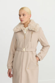 Belted Coat with Detachable Fur Collar - Beige