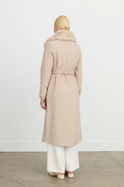 Belted Coat with Detachable Fur Collar - Beige