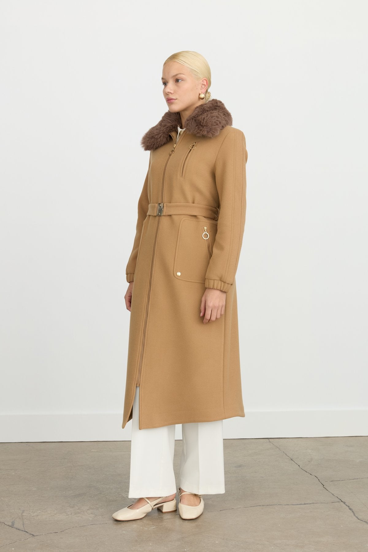Belted Coat with Detachable Fur Collar - Camel