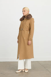 Belted Coat with Detachable Fur Collar - Camel