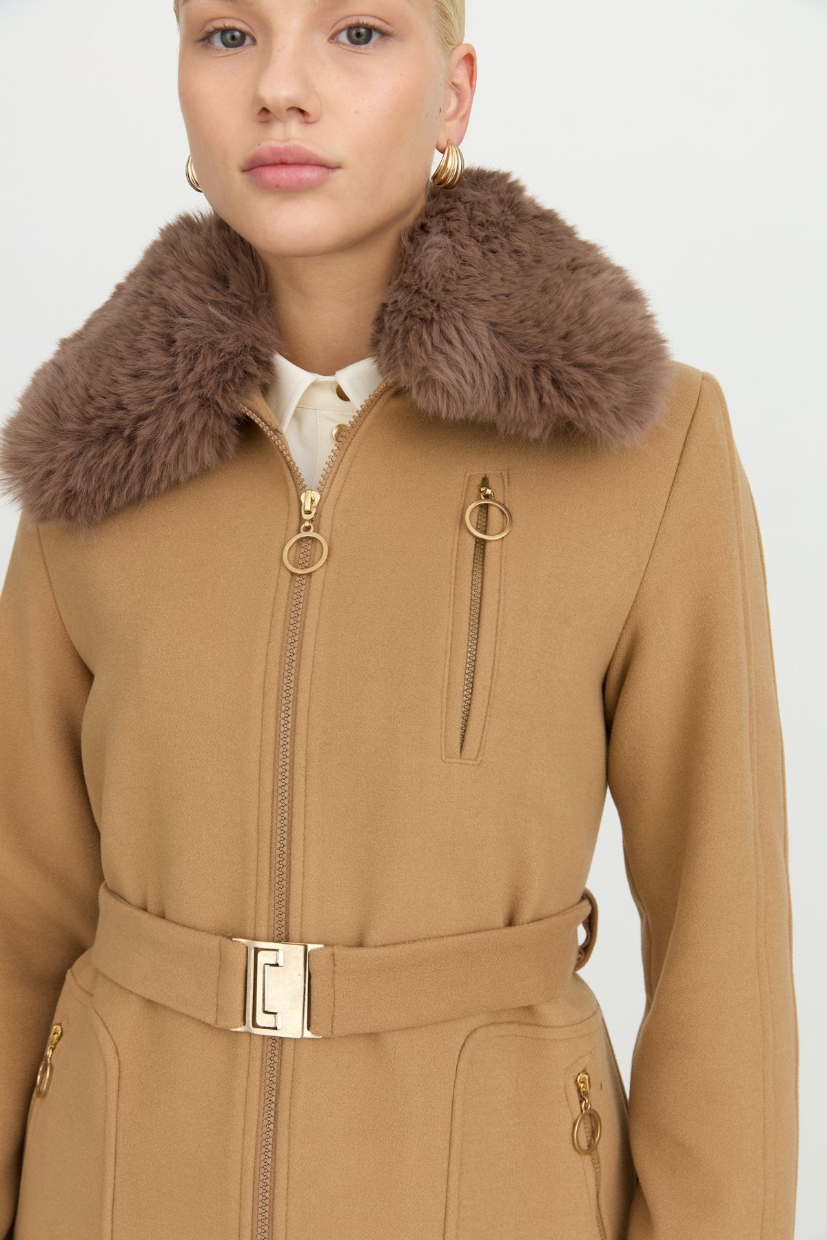 Belted Coat with Detachable Fur Collar - Camel