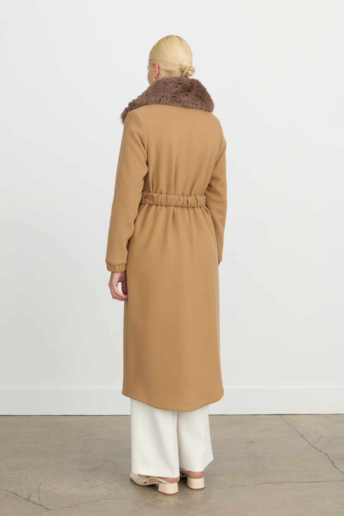 Belted Coat with Detachable Fur Collar - Camel
