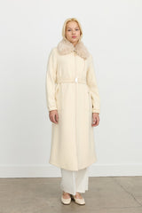 Belted Coat with Detachable Fur Collar - Ecru
