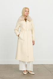 Belted Coat with Detachable Fur Collar - Ecru