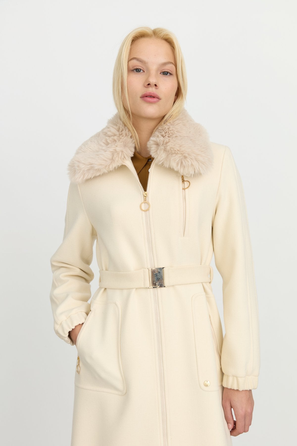 Belted Coat with Detachable Fur Collar - Ecru