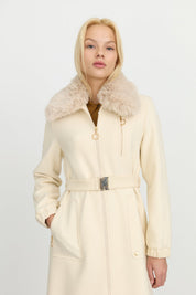Belted Coat with Detachable Fur Collar - Ecru