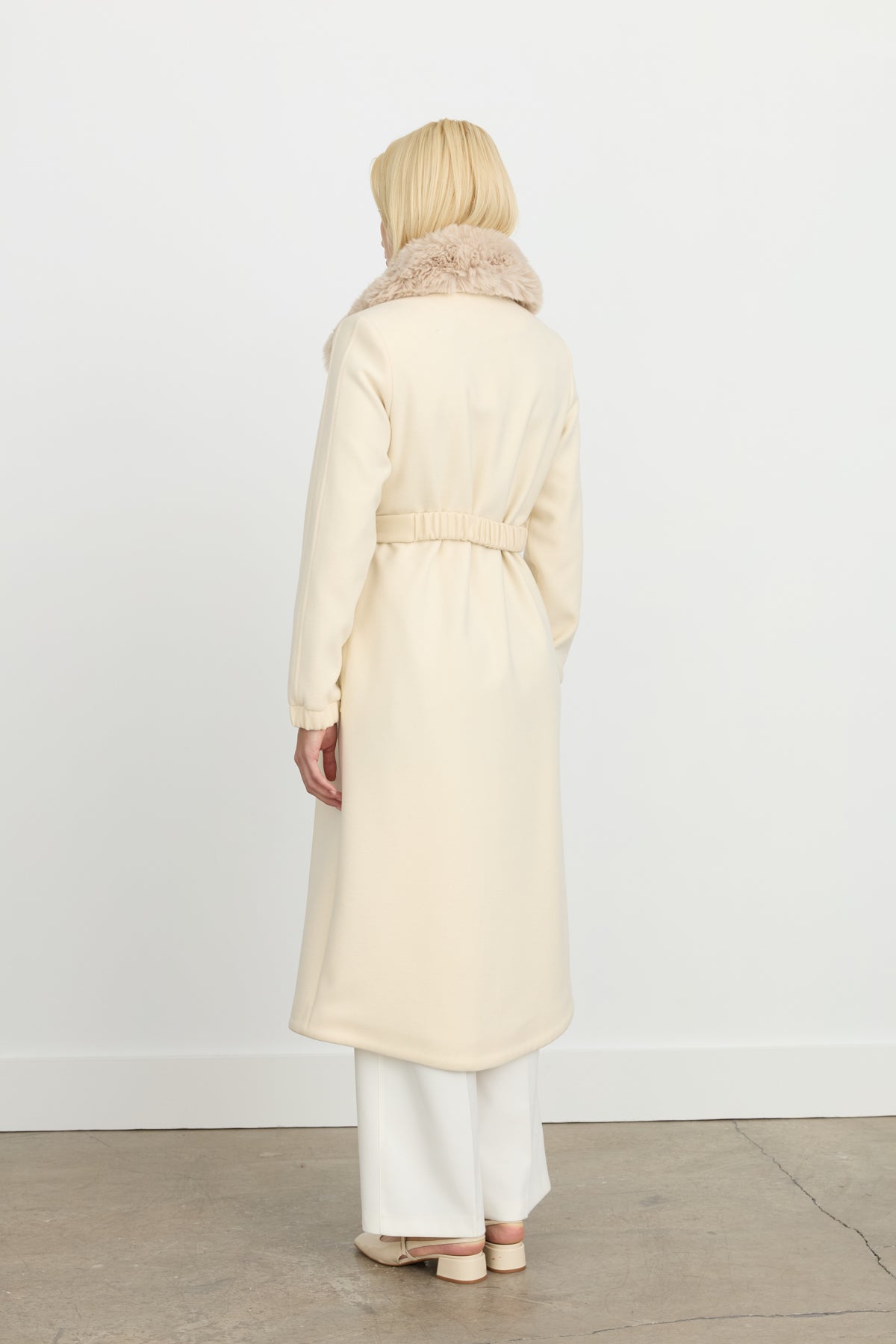 Belted Coat with Detachable Fur Collar - Ecru