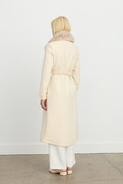 Belted Coat with Detachable Fur Collar - Ecru