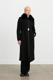 Belted Coat with Detachable Fur Collar - Black
