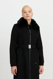 Belted Coat with Detachable Fur Collar - Black