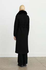 Belted Coat with Detachable Fur Collar - Black