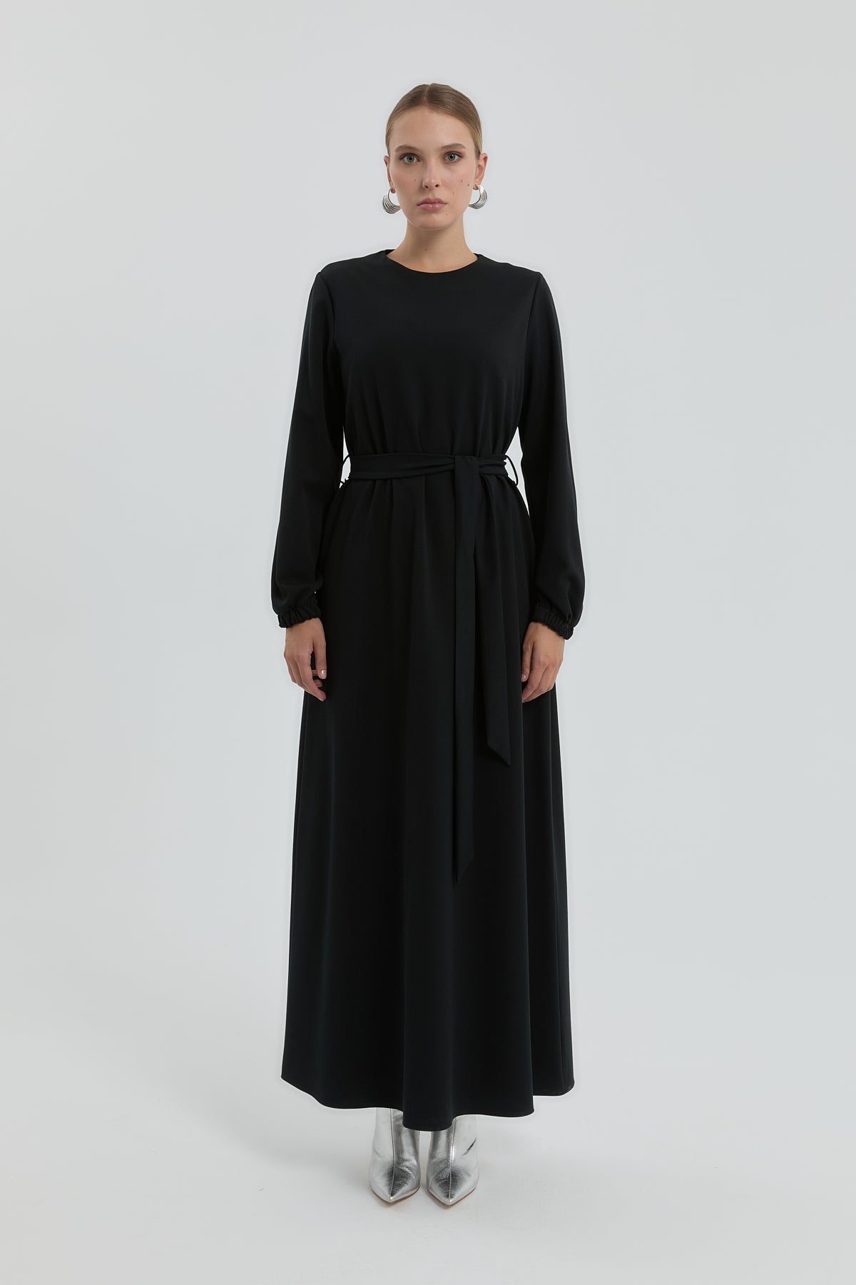 Beli Kuşaklı Basic Elbise - Siyah