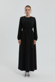 Beli Kuşaklı Basic Elbise - Siyah