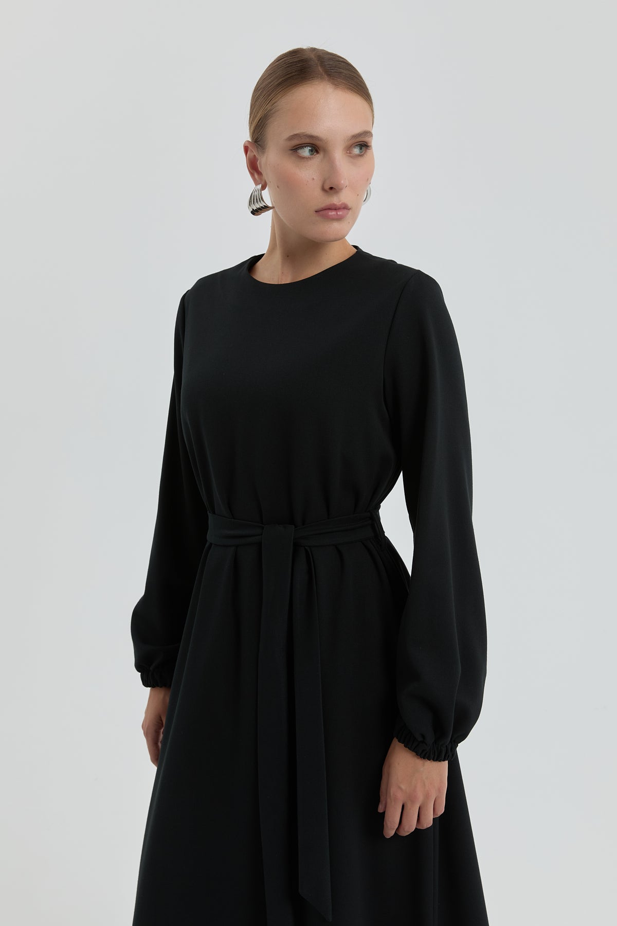 Beli Kuşaklı Basic Elbise - Siyah
