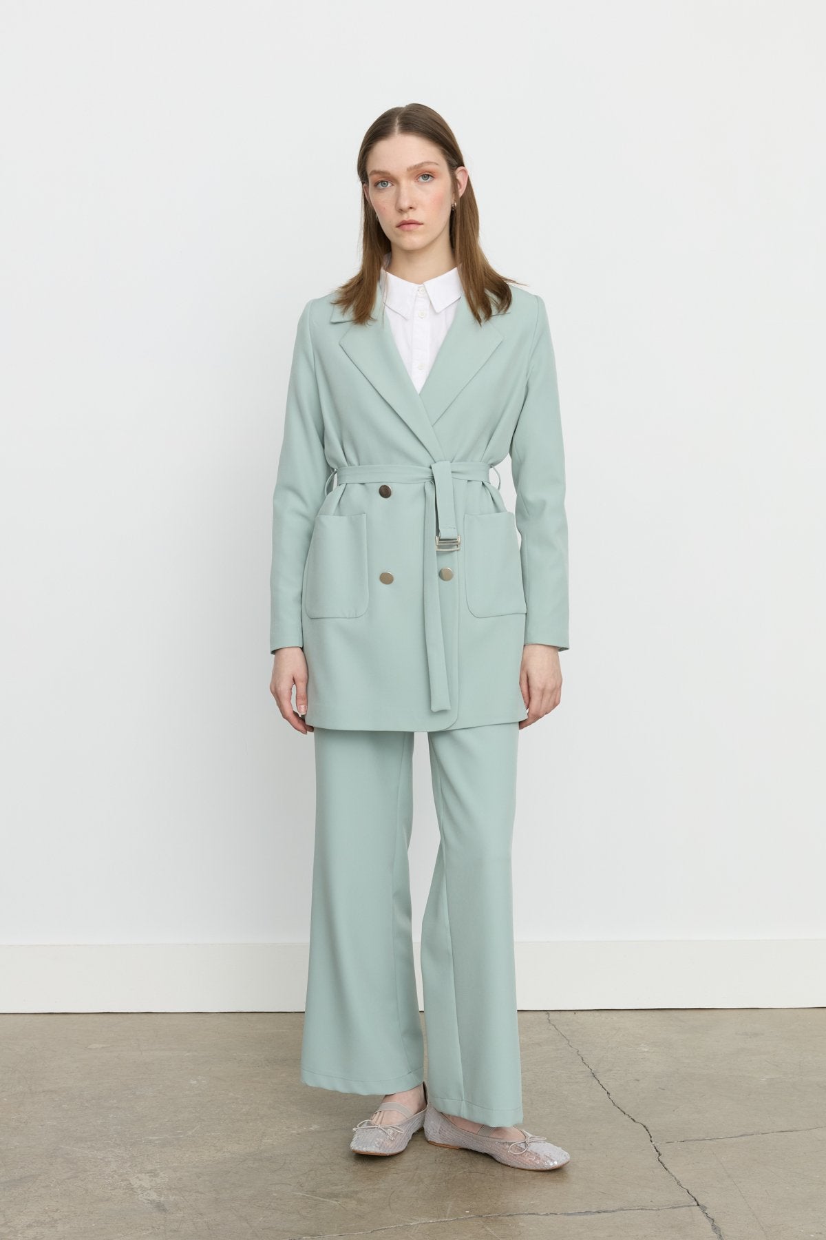 Beli Kuşaklı Blazer Ceket - Aqua