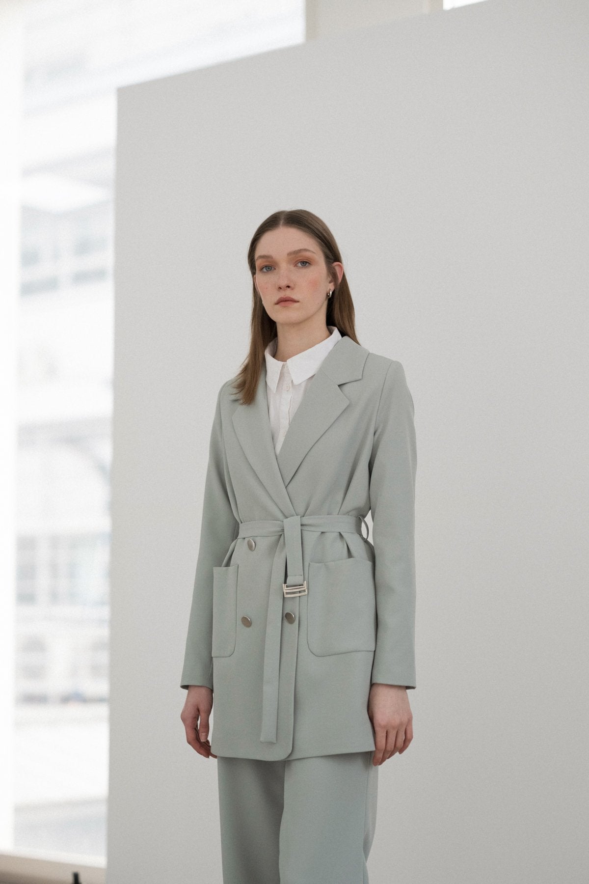 Beli Kuşaklı Blazer Ceket - Aqua