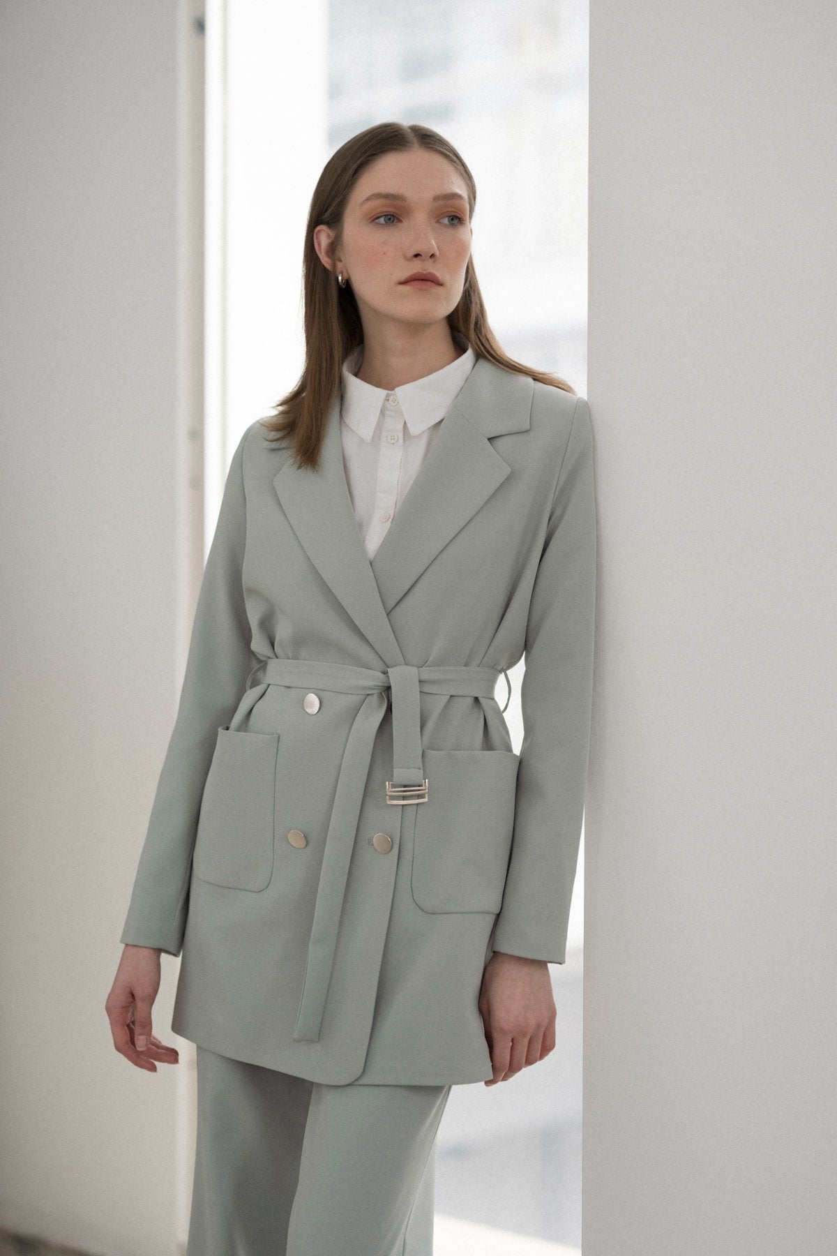 Beli Kuşaklı Blazer Ceket - Aqua