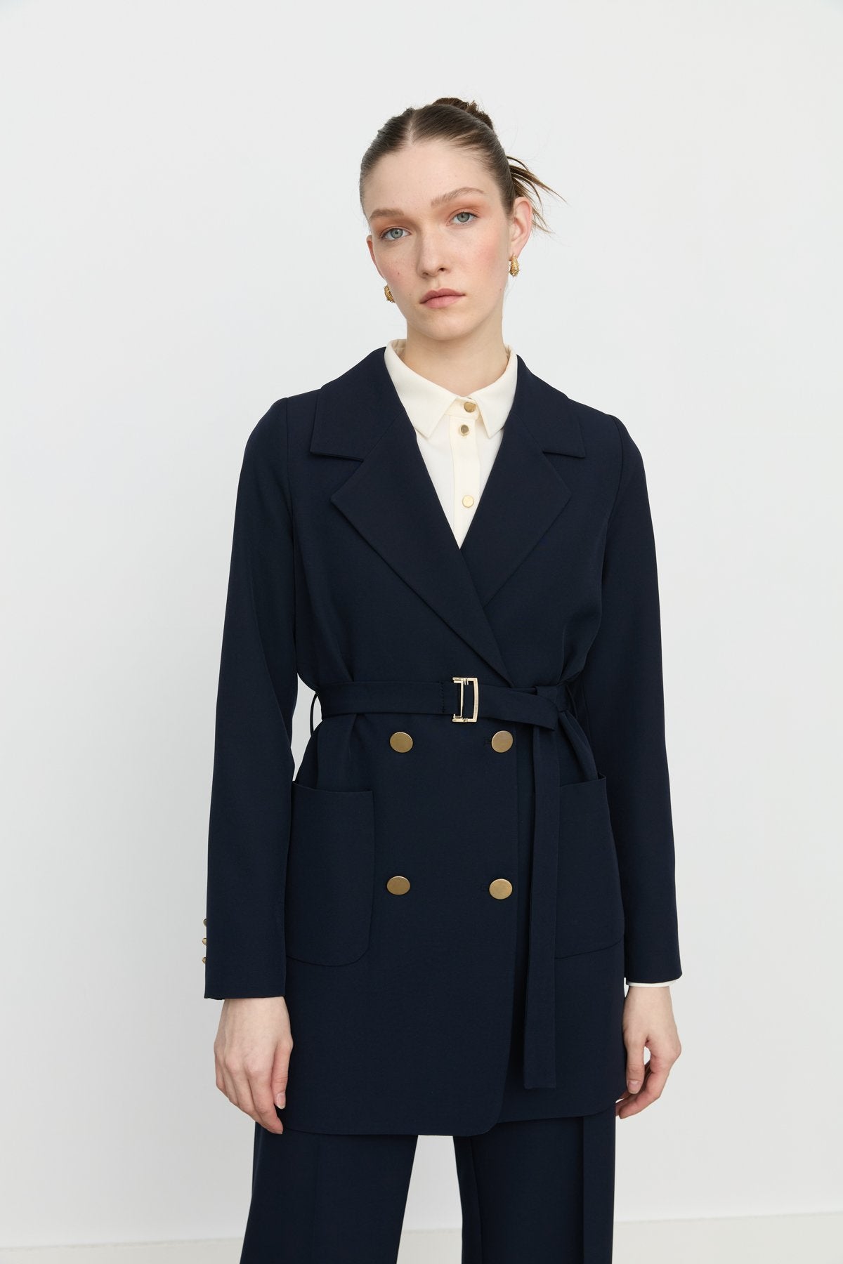 Beli Kuşaklı Blazer Ceket - Lacivert