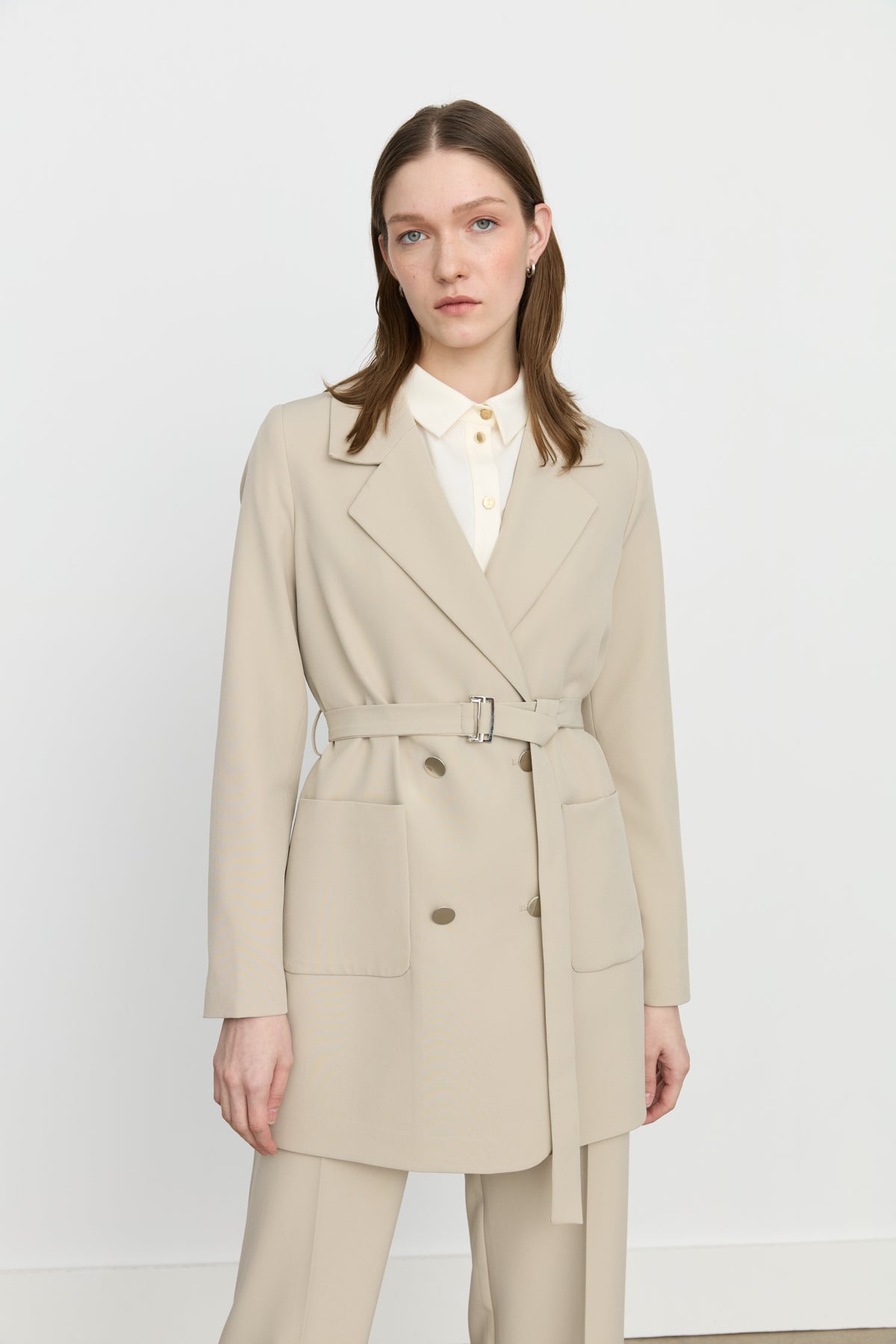 Beli Kuşaklı Blazer Ceket - Taş