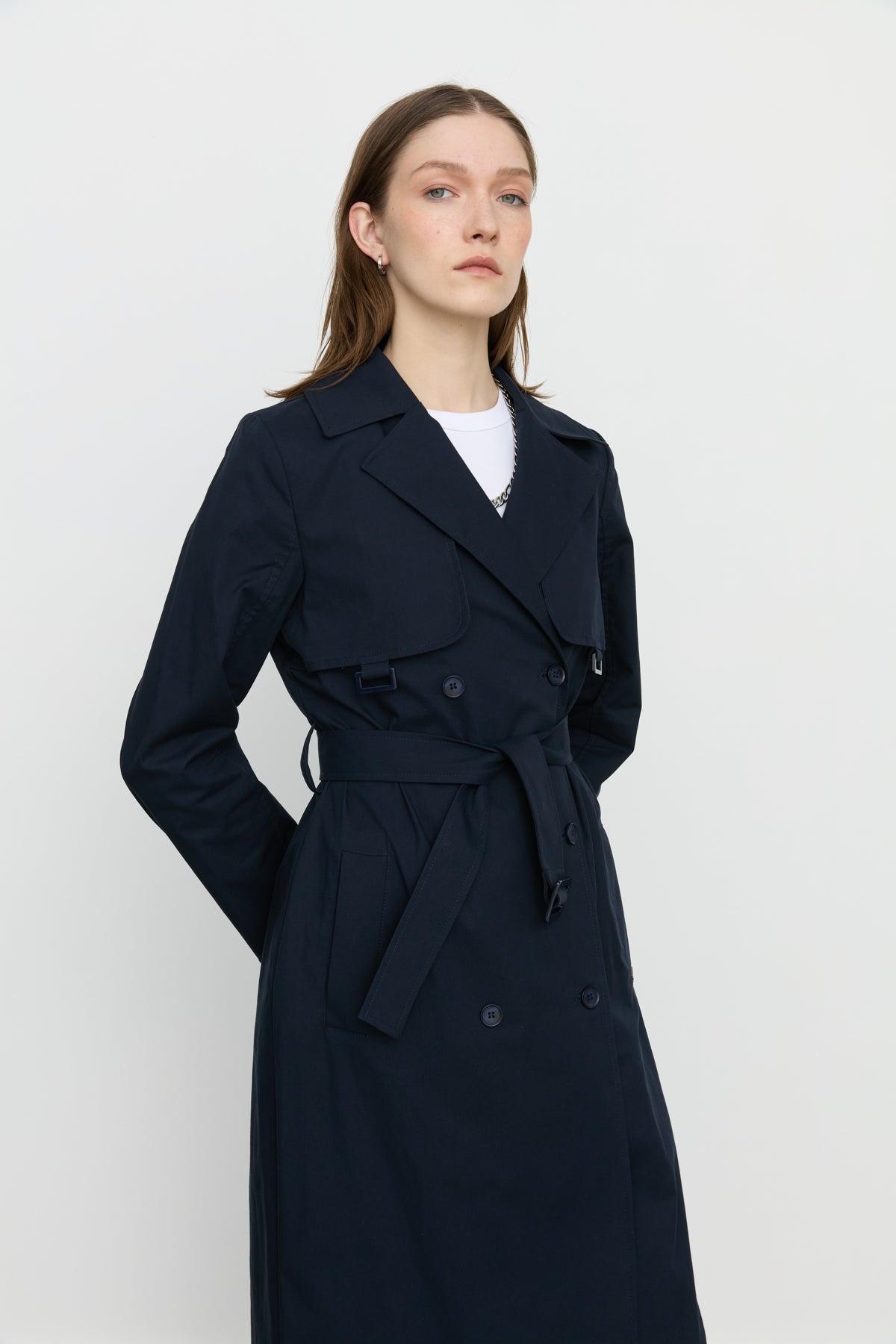 Belted Double-Breasted Trench Coat - Navy