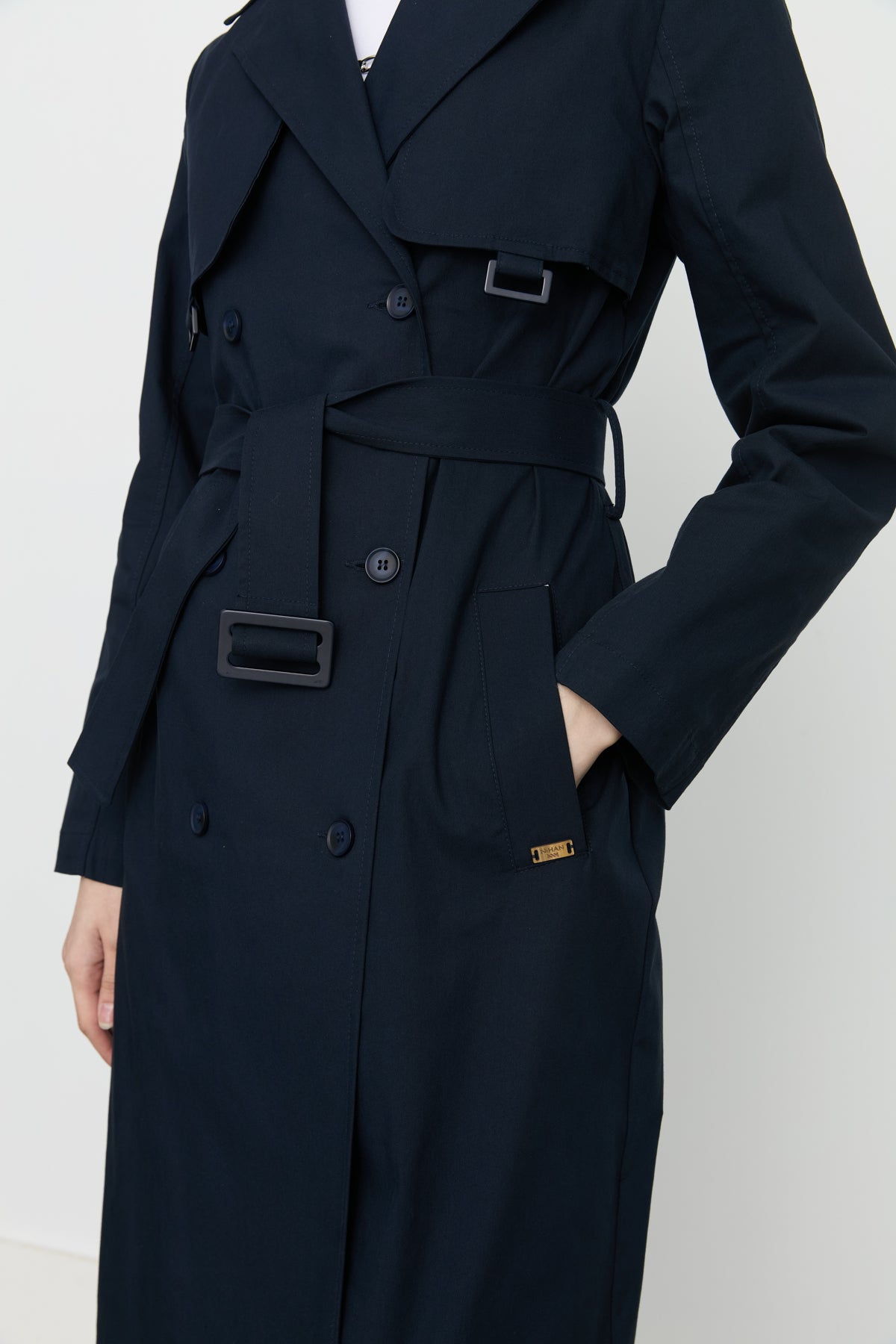 Belted Double-Breasted Trench Coat - Navy