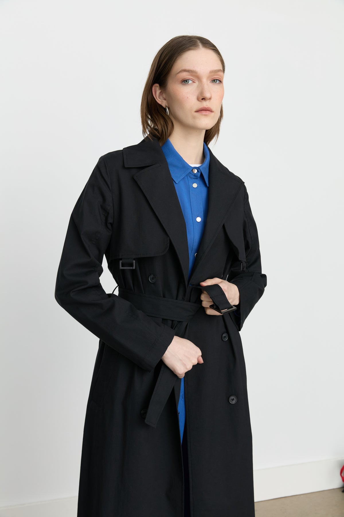 Belted Double-Breasted Trench Coat - Black