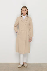 Trench Coat with Elastic Waist Detail and Metal Snap Fasteners - Beige