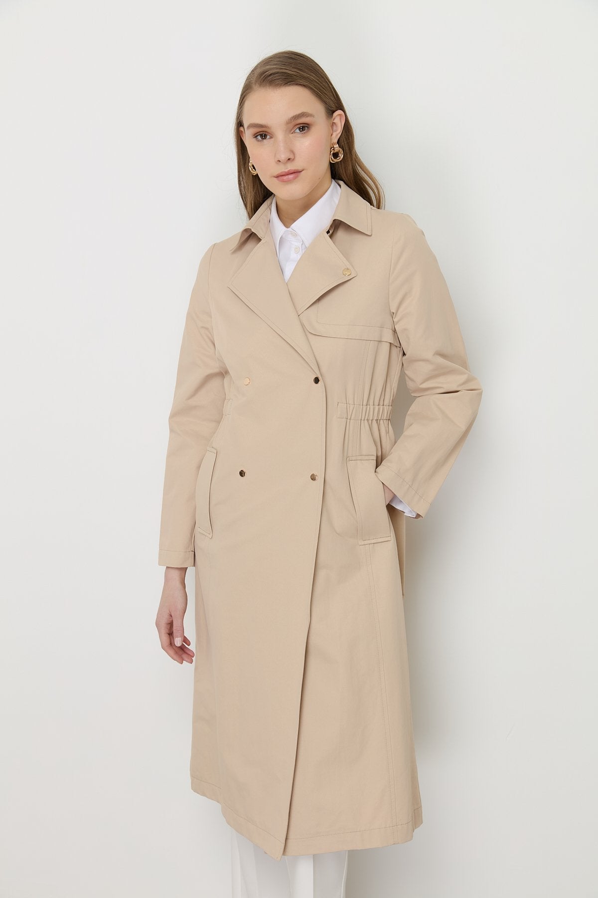 Trench Coat with Elastic Waist Detail and Metal Snap Fasteners - Beige