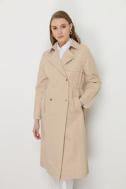Trench Coat with Elastic Waist Detail and Metal Snap Fasteners - Beige
