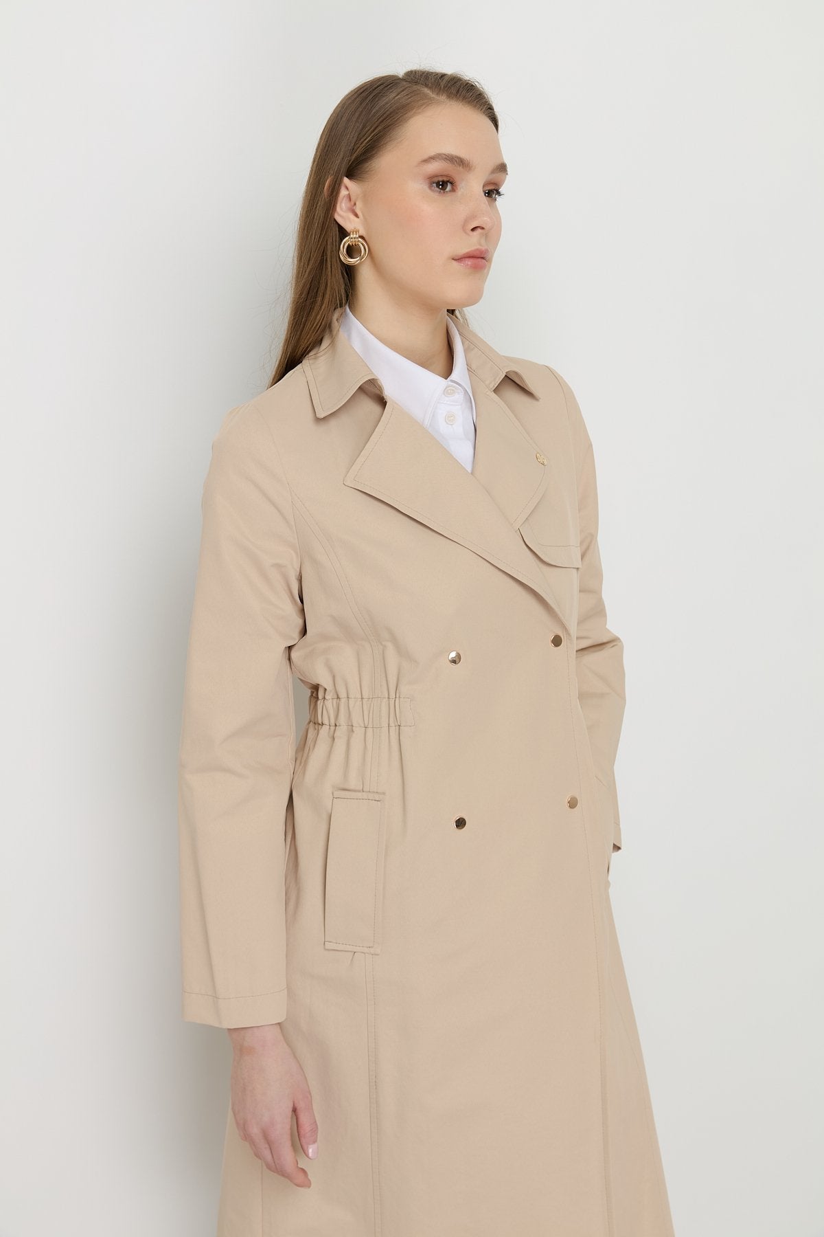 Trench Coat with Elastic Waist Detail and Metal Snap Fasteners - Beige