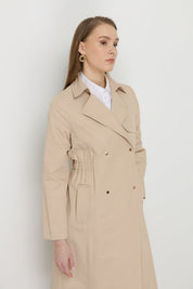 Trench Coat with Elastic Waist Detail and Metal Snap Fasteners - Beige
