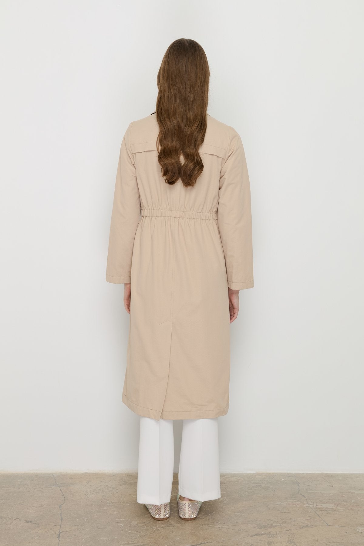 Trench Coat with Elastic Waist Detail and Metal Snap Fasteners - Beige