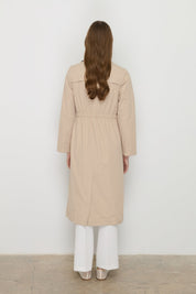 Trench Coat with Elastic Waist Detail and Metal Snap Fasteners - Beige
