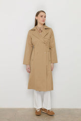 Belted Waist Detailed Metal Snap Trench Coat - Camel - Coffee