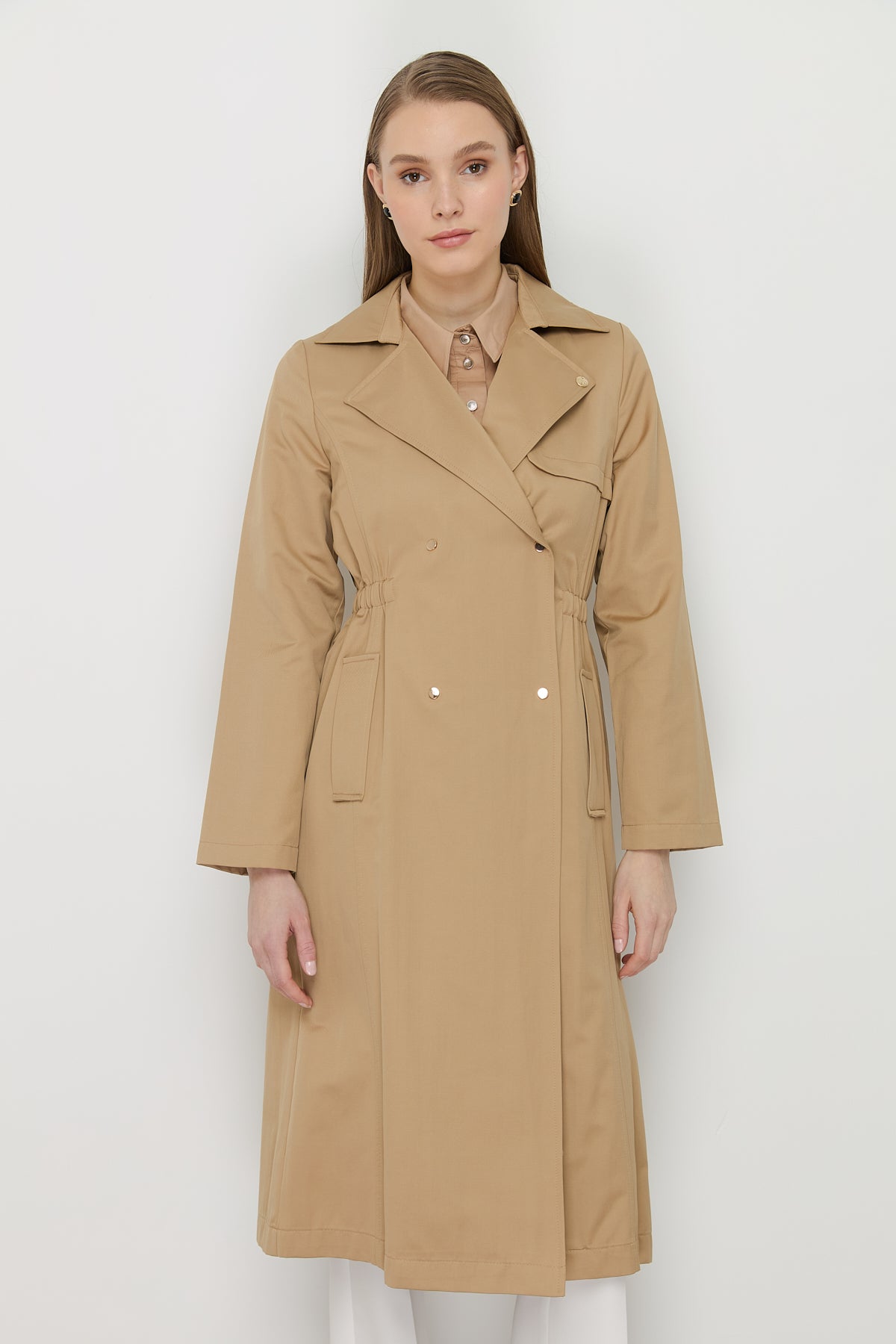Belted Waist Detailed Metal Snap Trench Coat - Camel - Coffee