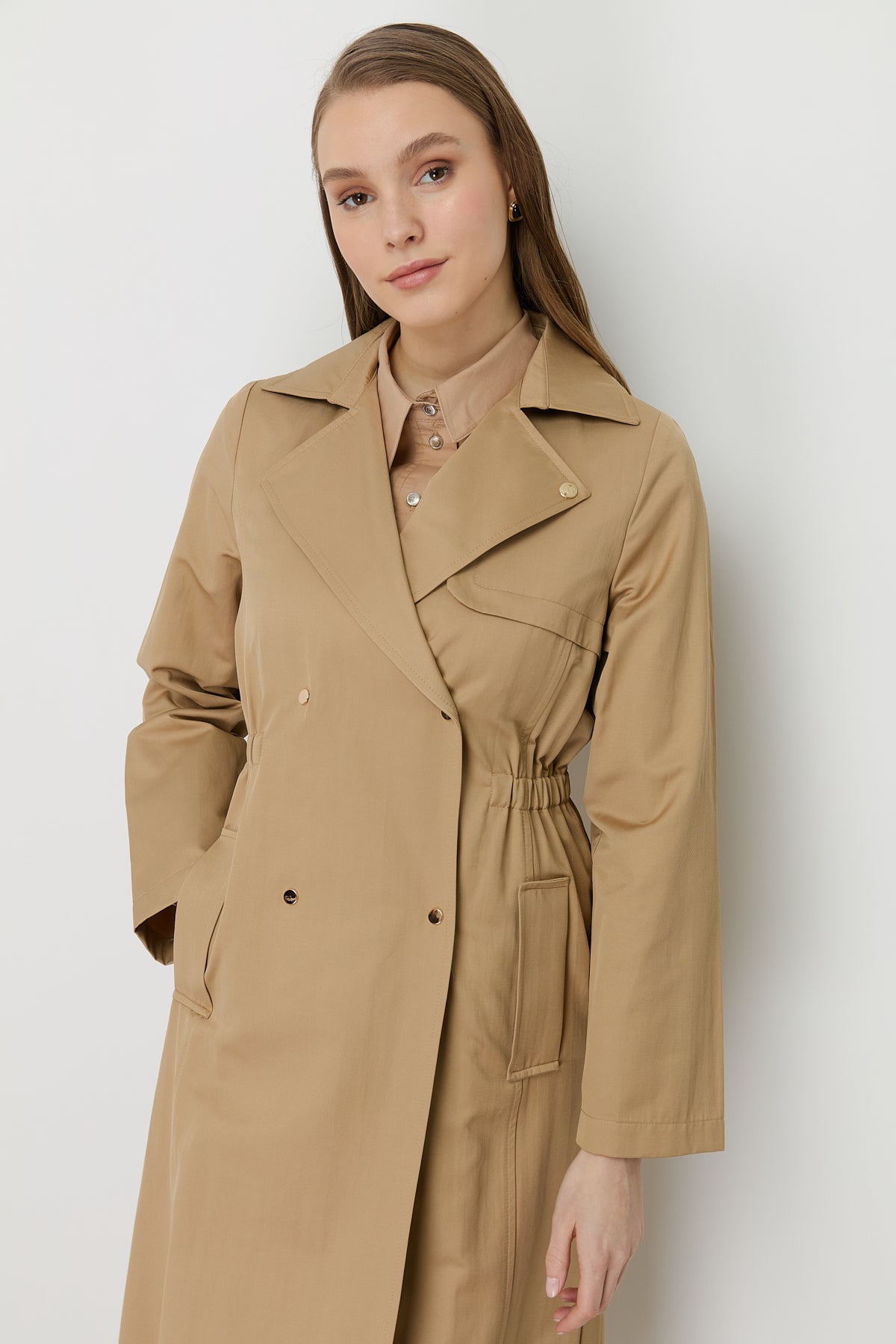Belted Waist Detailed Metal Snap Trench Coat - Camel - Coffee