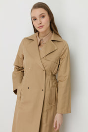 Belted Waist Detailed Metal Snap Trench Coat - Camel - Coffee