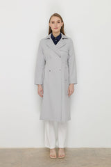 Trench Coat with Elastic Waist Detail and Metal Snap Fasteners - Grey