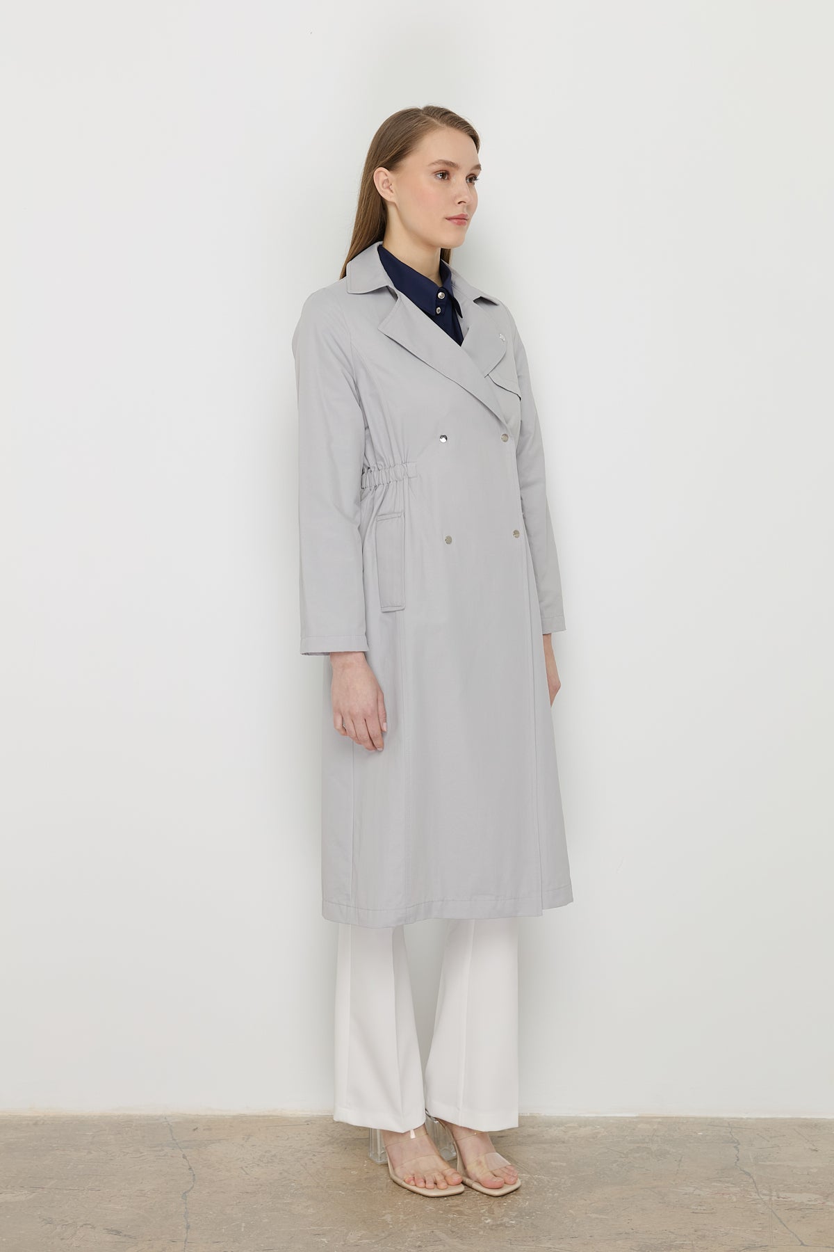 Trench Coat with Elastic Waist Detail and Metal Snap Fasteners - Grey