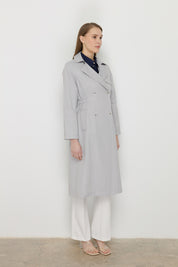 Trench Coat with Elastic Waist Detail and Metal Snap Fasteners - Grey