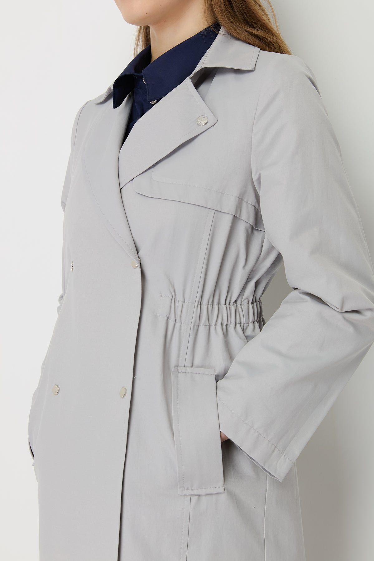 Trench Coat with Elastic Waist Detail and Metal Snap Fasteners - Grey