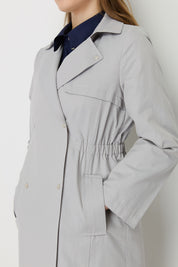 Trench Coat with Elastic Waist Detail and Metal Snap Fasteners - Grey
