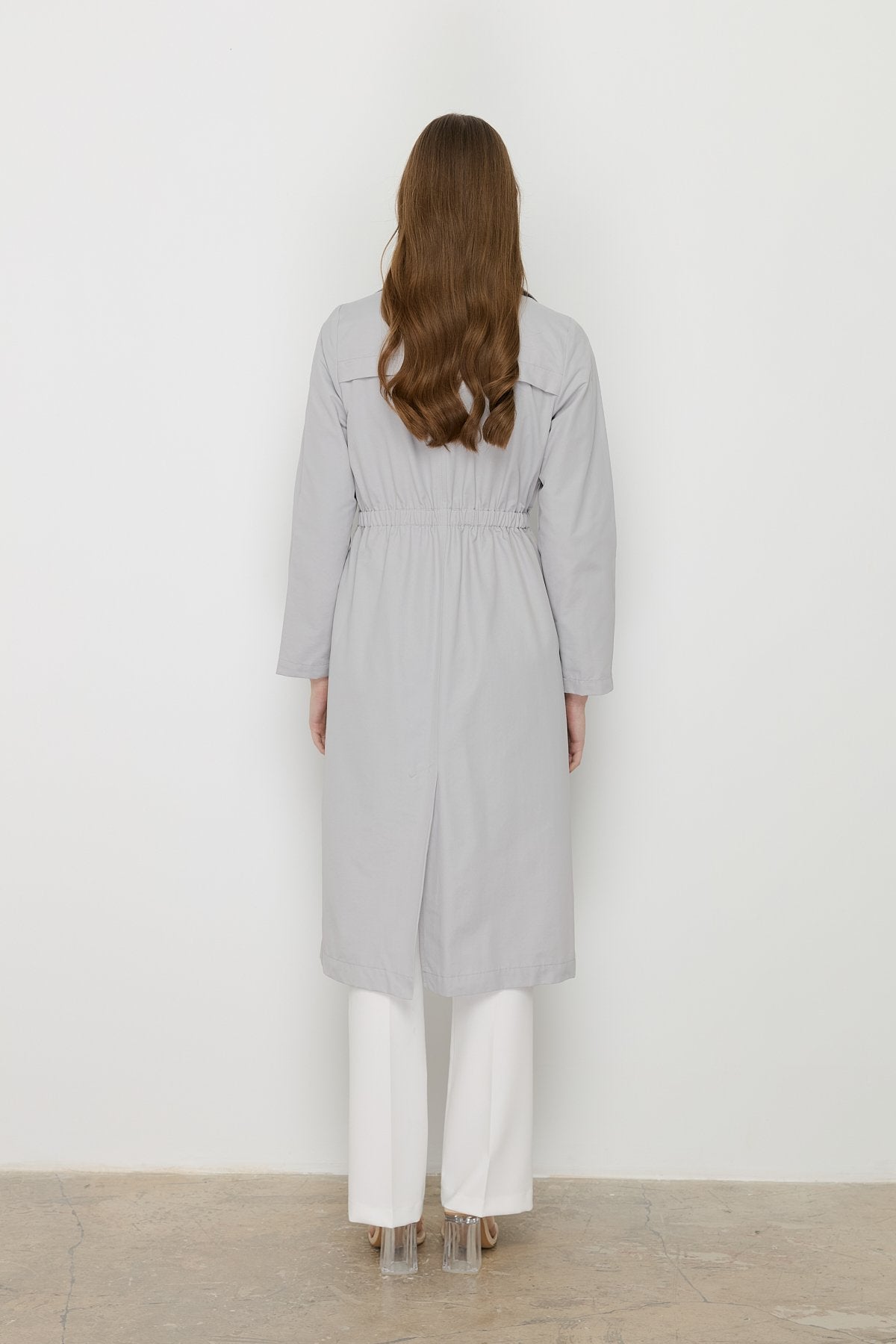 Trench Coat with Elastic Waist Detail and Metal Snap Fasteners - Grey