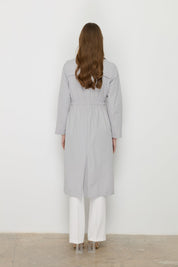 Trench Coat with Elastic Waist Detail and Metal Snap Fasteners - Grey
