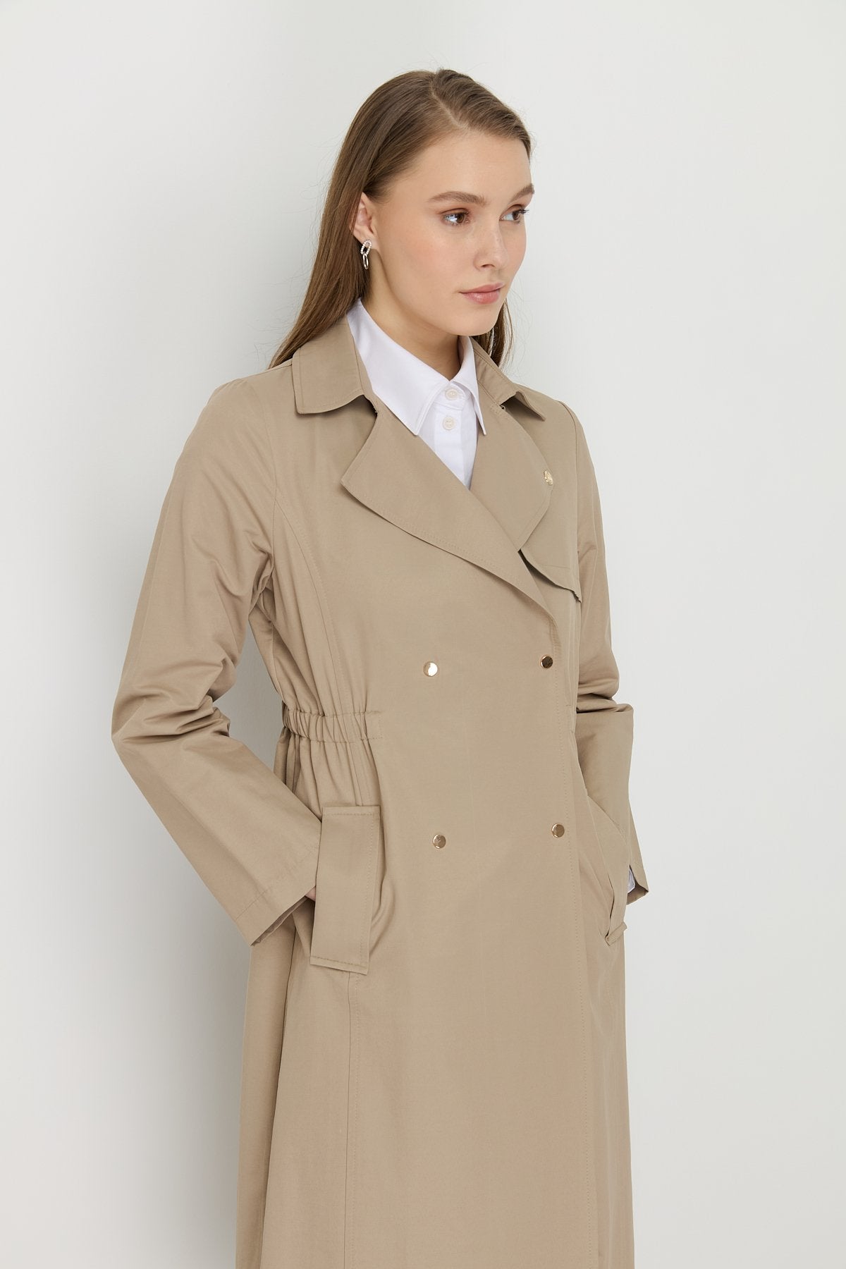Beli Lastik Detaylı Metal Çıt Çıtlı Trençkot - Olive
