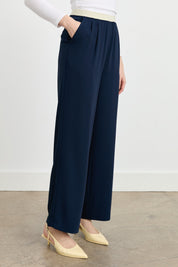 Pleated Trousers with Elasticated Waist - Navy Blue