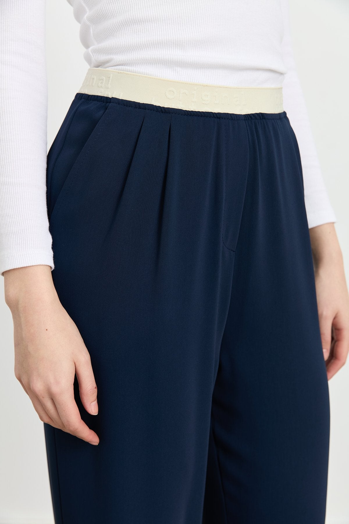 Pleated Trousers with Elasticated Waist - Navy Blue