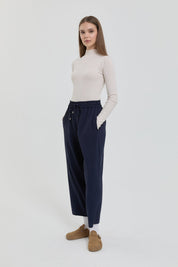 Wide-leg carrot pants with elasticated waist - Navy Blue